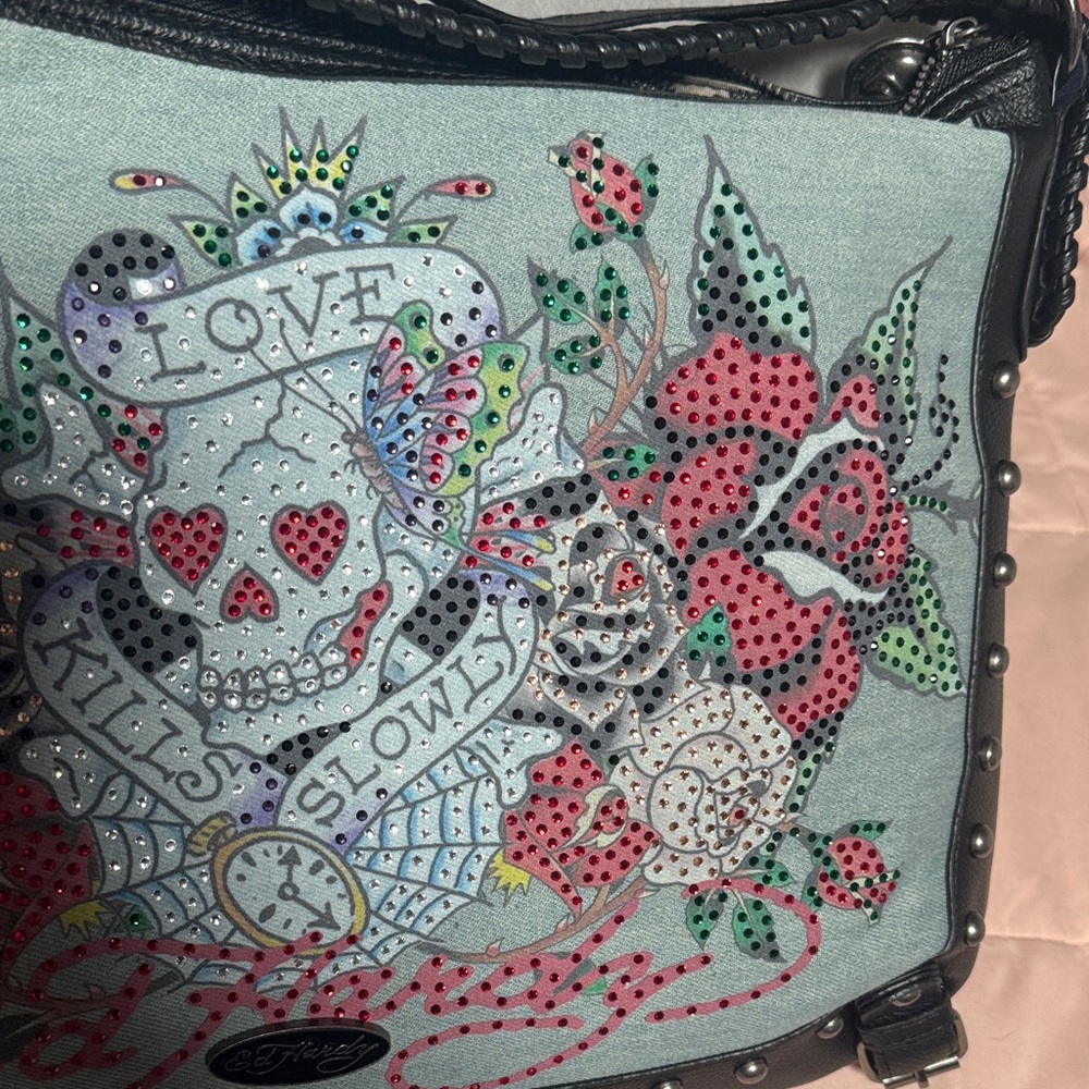 NWT Ed Hardy Lg Tote/ Studded Floral Skull Crossbody Bag - Black and Light Blue - Picture 3 of 12